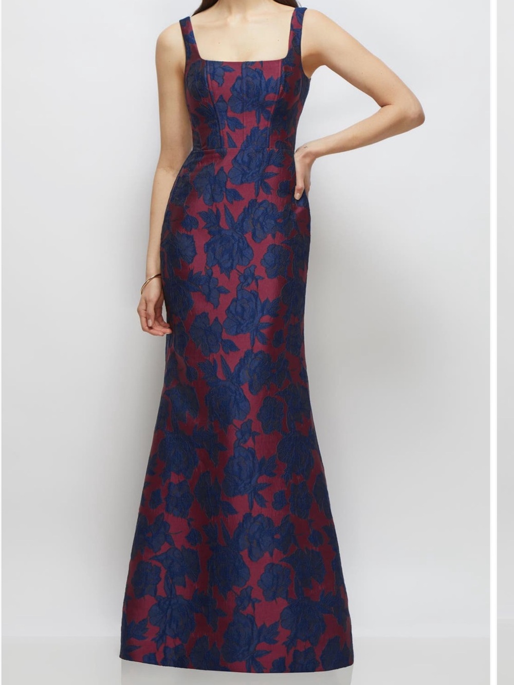 Dessy Collection Navy and Burgundy Floral Jacquard Sleeveless Trumpet Gown - Picture 1 of 8